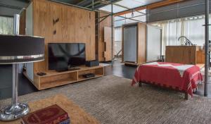 a living room with a bed and a television at Baubrasil Village in Tiradentes