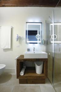 a bathroom with a sink and a glass shower at Hotel Antica Abbazia in Borso del Grappa