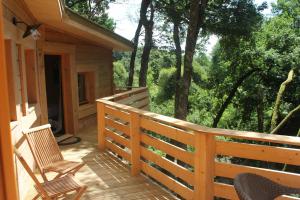 une terrasse en bois avec des chaises et des arbres en arrière-plan dans l'établissement Parc de la Belle, à Magne