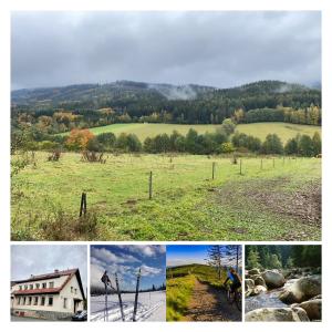 a collage of pictures of a field and a house at Hillside Strašín Šumava in Strašín