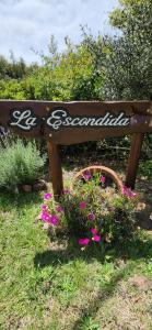 eine Holzbank im Gras mit Blumen in der Unterkunft La Escondida in Villa Serrana