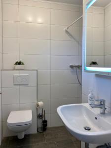 une salle de bains blanche avec toilettes et lavabo dans l'établissement Lounge - Gemütliche Ferienwohnung am Asreg, Bad Zwischenahn, à Bad Zwischenahn