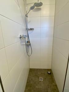 une douche avec pommeau de douche dans une salle de bain dans l'établissement Lounge - Gemütliche Ferienwohnung am Asreg, Bad Zwischenahn, à Bad Zwischenahn 17 autres photos