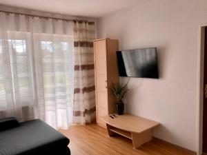 uma sala de estar com um sofá e uma televisão na parede em Lounge - Gemütliche Ferienwohnung am Asreg, Bad Zwischenahn em Bad Zwischenahn
