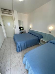 a hotel room with two beds and a television at Albergo Désirée in Alba Adriatica