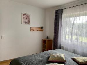 une chambre avec un lit et une fenêtre dans l'établissement Lounge - Gemütliche Ferienwohnung am Asreg, Bad Zwischenahn, à Bad Zwischenahn