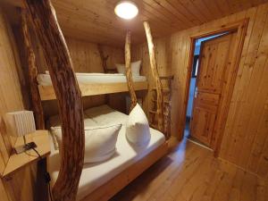 a room with two bunk beds in a cabin at Ferienhäuser & Bungalows - Naturcamp Meyersgrund im Thüringer Wald in Ilmenau