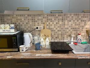 a kitchen counter with a microwave and coffee cups at Bakuriani mix appartment 210 in Bakuriani