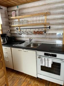 uma cozinha com um lavatório e um fogão em Lohelanranta em Kemijärvi