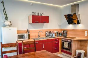 cocina con armarios rojos, fregadero y microondas en Apartment am Markt, en Aschersleben