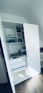 - un réfrigérateur blanc avec une porte ouverte dans la cuisine dans l'établissement Dümmer Perle Apartments, à Hüde