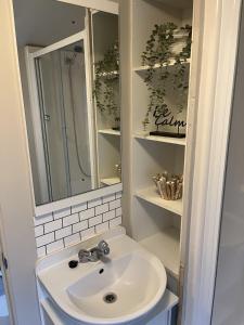 een badkamer met een wastafel en een spiegel bij Beautiful 3 bedroom caravan with hot tub - Tattershall Lakes in Tattershall