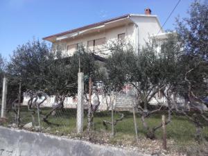 una casa blanca con árboles delante de ella en Apartment Meri, en Trogir