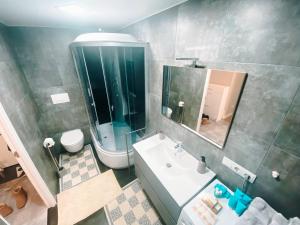ein Badezimmer mit einem Waschbecken, einem WC und einem Spiegel in der Unterkunft Best location in City center in Chişinău
