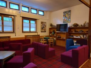 a waiting room with purple chairs and a tv at Residence Biancaneve in Aprica