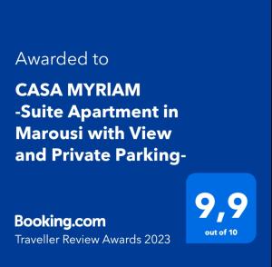 Sertifikat, nagrada, logo ili drugi dokument prikazan u objektu CASA MYRlAM Marousi -View & Private Parking-