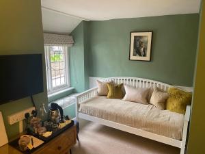 ein Schlafzimmer mit grünen Wänden und einem Bett mit Kissen in der Unterkunft Myrtle Cottage B&B in Porlock