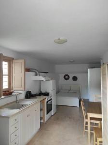 安德羅斯的住宿－ELECTRAS LITTLE COTTAGE，厨房配有白色橱柜、桌子和沙发