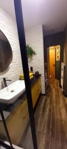 uma casa de banho com um lavatório e um espelho em LA ROCHELAISE : Appartement calme & somptueux dans l'hyper centre. em La Rochelle