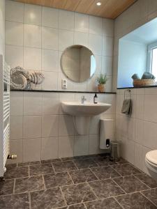 ein Badezimmer mit einem Waschbecken, einem Spiegel und einem WC in der Unterkunft Ferienhaus Janne in Monschau