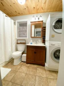 a bathroom with a toilet sink and a washing machine at Beech Please Cozy Beech Mountain Stay in Beech Mountain