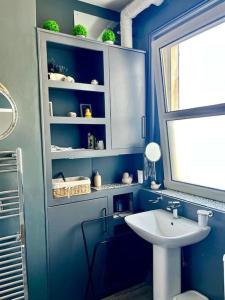 a blue bathroom with a sink and a mirror at SkyLine Beautiful Apartment in Hastings
