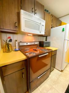 a kitchen with a stove and a microwave at Cozy Retreat Just Minutes From Beech Mountain in Beech Mountain