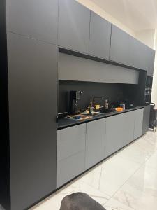 a kitchen with gray cabinets and a counter top at Villa Bagatelle in Aix-les-Bains