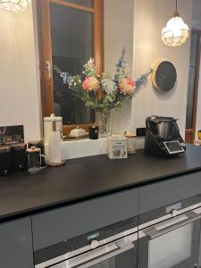 a kitchen counter with a vase of flowers on it at Villa Bagatelle in Aix-les-Bains