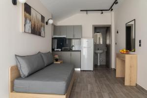 a living room with a couch and a kitchen at Fani Guesthouse in Paralia Katerinis
