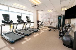 een fitnessruimte met loopbanden en cardio-apparatuur in een kamer bij SpringHill Suites by Marriott Newark Fremont in Newark