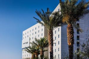 zwei Palmen vor einem Gebäude in der Unterkunft Courtyard by Marriott Mexicali in Mexicali