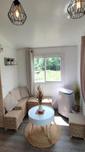uma sala de estar com um sofá e uma mesa em Bungalow au pied du Luberon em Saint-Martin-de-la-Brasque
