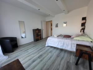 a bedroom with a bed and a desk and a television at Bas de villa proche Ajaccio in Bastelicaccia