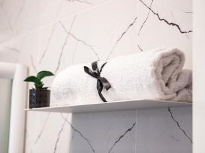 a white shelf with a towel with a black ribbon at Center Cozy Apartment in Subotica +22 photos