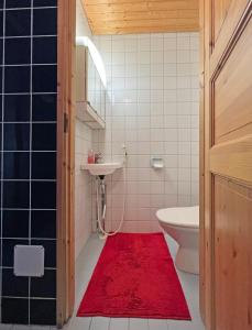 een badkamer met een wastafel en een rood tapijt bij Riihilampi in Muurame