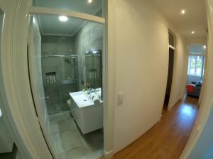 een badkamer met een wastafel, een douche en een spiegel bij Lisbon, renewed T1 apartment with pateo near Martires da Patria in Lissabon