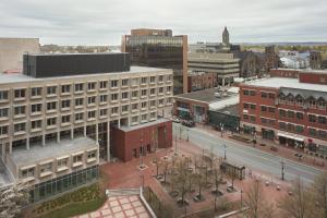 an aerial view of a city with buildings at Delta Hotels by Marriott Beausejour in Moncton