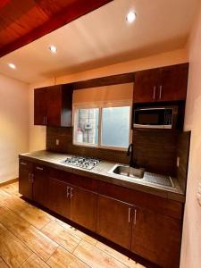 a kitchen with a sink and a microwave at Bonito departamento rustico in Rosarito