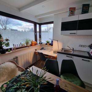 uma cozinha e sala de estar com mesa e cadeiras em Exklusive Ferienwohnung Hattorfer Teiche em Wolfsburg
