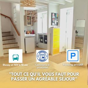 salon z kuchnią i schodami w obiekcie L'essentiel, proche de Disneyland Paris 2 chambres et 2 SDB w mieście Chessy