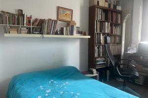 1 dormitorio con 1 cama, 1 silla y libros en Duplex of 90m near Montmartre, en París