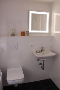ein weißes Bad mit einem WC und einem Waschbecken in der Unterkunft Fuchsbergblick 
