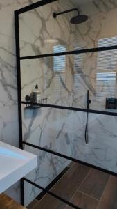 a shower in a bathroom with a marble wall at Villa Savannah in Roelofarendsveen +35 photos