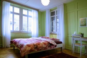 um quarto verde com uma cama e 2 janelas em BnB Elsenerhaus 