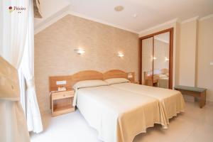 1 dormitorio con 1 cama grande y espejo en Hotel Piñeiro 2 Estrellas Superior en A Lanzada