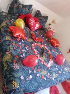 ein Bett mit einer blauen Bettdecke mit Ballons drauf in der Unterkunft Studio Jacuzzi au centre Colmar in Colmar