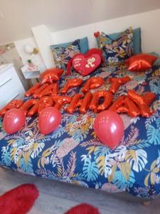 ein Bett mit roten Ballons und Herzen darauf in der Unterkunft Studio Jacuzzi au centre Colmar in Colmar