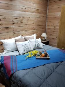 Una cama con una bandeja de comida encima. en Tierra India Cabañas en San Rafael