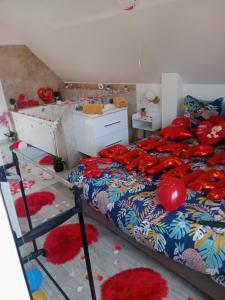 ein Schlafzimmer mit einem Bett mit roten Kissen darauf in der Unterkunft Studio Jacuzzi au centre Colmar in Colmar